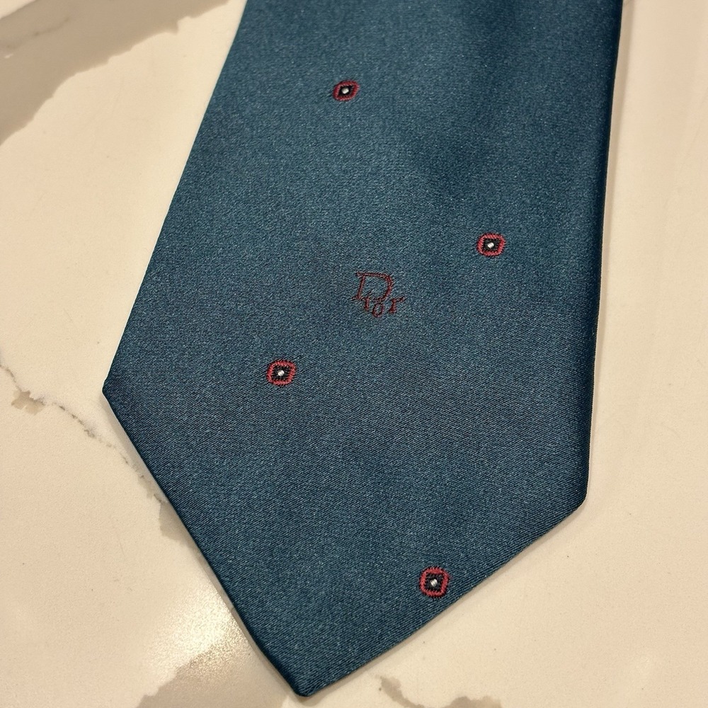 Vintage 80s Christian Dior Tie Teal Red Dot Geometric Made in USA Silk Blend NOS